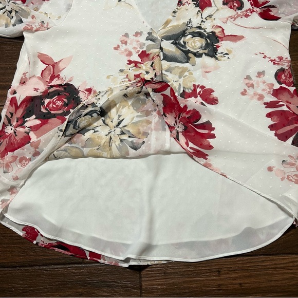 WHBM 14 Peasant Blouse V Neck Floral Long Sleeve White Black Red Tan - Picture 7 of 11